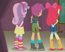 Size: 1000x804 | Tagged: safe, derpibooru import, screencap, apple bloom, scootaloo, sweetie belle, equestria girls, equestria girls series, happily ever after party, animated, apple bloom's bow, arm behind back, boots, bow, chalkboard, clothes, cropped, curtains, cutie mark crusaders, gif, hair bow, happily ever after party: rainbow dash, hoodie, jacket, jeans, pants, shirt, shoes, shorts, skirt, sneaking