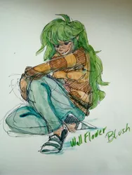 Size: 3120x4160 | Tagged: safe, artist:elisdoominika, derpibooru import, wallflower blush, human, equestria girls, clothes, green hair, human coloration, jeans, pants, sitting, smiling, solo, sweater, traditional art, watercolor painting