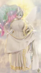 Size: 2160x3840 | Tagged: 3d, abstract background, alicorn, anthro, artist:bckiwi, big breasts, blender, breasts, busty princess celestia, clothes, derpibooru import, feet, female, glowing horn, halo, horn, huge breasts, jewelry, looking at you, nail polish, necklace, not sfm, plantigrade anthro, praise the sun, princess celestia, robe, safe, simple background, solo, stupid sexy celestia, wings