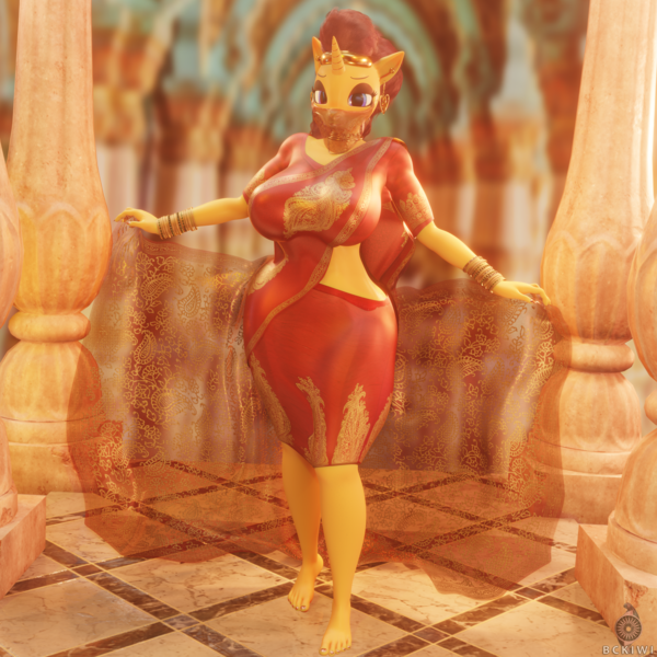 Size: 3840x3840 | Tagged: safe, artist:bckiwi, derpibooru import, saffron masala, anthro, plantigrade anthro, unicorn, 3d, barefoot, big breasts, blender, blushing, bracelet, breasts, busty saffron masala, clothes, dress, ear piercing, earring, feet, female, freckles, hairband, horn, jewelry, looking at you, midriff, nail polish, necklace, not sfm, piercing, solo, veil, wide hips