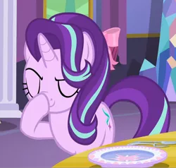 Size: 1000x950 | Tagged: safe, derpibooru import, screencap, starlight glimmer, pony, unicorn, no second prances, boop, cropped, eyes closed, glimmerposting, it begins, meme, meme origin, raised eyebrow, self-boop, smiling, smirk, solo, variant