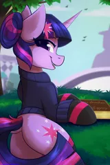Size: 1000x1500 | Tagged: suggestive, artist:shadowreindeer, derpibooru import, twilight sparkle, pony, unicorn, alternate hairstyle, book, canterlot, clothes, cute, cutie mark, cutie mark accessory, cutie mark hair accessory, dock, female, fifty shades of grey, grass, hair bun, hairclip, looking at you, looking back, looking back at you, mare, outdoors, prone, smiling, socks, solo, solo female, striped socks, sweater, tree, twiabetes, unicorn twilight