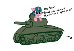 Size: 1069x735 | Tagged: safe, artist:neuro, derpibooru import, oc, oc:lily glamerspear, unofficial characters only, pony, unicorn, everyday life with guardsmares, female, guardsmare, m4 sherman, mare, royal guard, simple background, tank (vehicle)