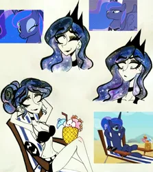 Size: 2607x2929 | Tagged: artist:citi, between dark and dawn, bikini, clothes, derpibooru import, eyeshadow, female, human, humanized, makeup, one eye closed, princess luna, safe, scene interpretation, screencap, screencap reference, solo, starry hair, swimsuit, wink