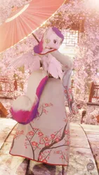 Size: 2160x3840 | Tagged: 3d, alicorn, anthro, artist:bckiwi, big breasts, blender, breasts, bridge, busty princess cadance, cherry blossoms, clothes, derpibooru import, dress, ear piercing, earring, female, flower, flower blossom, horn, jewelry, kimono (clothing), lake, looking at you, looking back, necklace, not sfm, piercing, plantigrade anthro, princess cadance, safe, see-through, solo, umbrella, wings