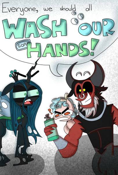 Size: 736x1086 | Tagged: safe, artist:animeteor, derpibooru import, cozy glow, lord tirek, queen chrysalis, centaur, changeling, changeling queen, pony, bow, bracer, coronavirus, covid-19, cozy glow is not amused, cute, dialogue, female, filly, foal, grin, hair bow, male, mare, nose piercing, nose ring, open mouth, piercing, queen chrysalis is not amused, shadow, smiling, tirebetes, unamused, wat