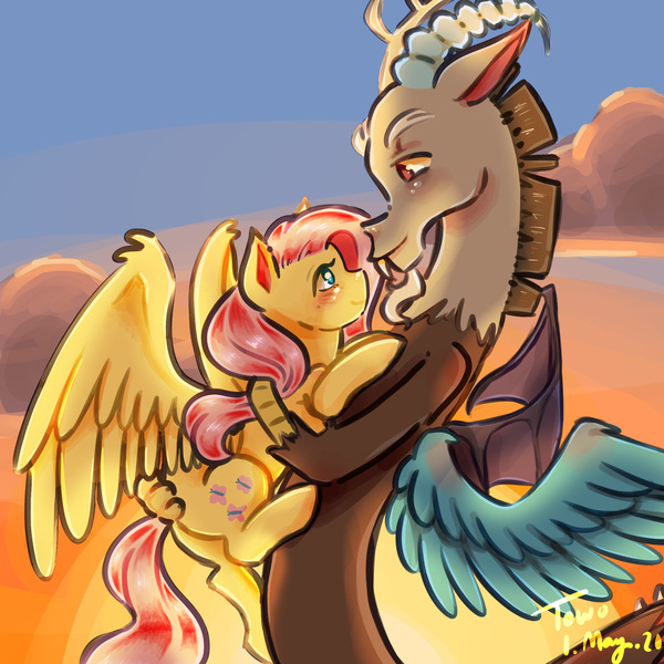 Size: 2048x2048 | Tagged: safe, artist:troublesomeowo, derpibooru import, discord, fluttershy, draconequus, pegasus, pony, blushing, cloud, cute, discoshy, discute, eye contact, female, high res, holding, holding a pony, hug, looking at each other, male, mare, outdoors, profile, shipping, shyabetes, sky, smiling, spread wings, straight, sunset, wings