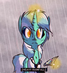 Size: 1100x1200 | Tagged: safe, artist:provolonepone, derpibooru import, bon bon, lyra heartstrings, sweetie drops, pony, unicorn, chromatic aberration, clothes, implied lesbian, implied lyrabon, implied shipping, looking at you, magic, photo, rain, solo, telekinesis