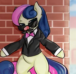 Size: 1500x1459 | Tagged: safe, artist:yutakira92, derpibooru import, bon bon, sweetie drops, earth pony, pony, bipedal, bowtie, brick wall, clothes, disguise, facial hair, female, mare, moustache, secret agent sweetie drops, solo, sunglasses, tuxedo