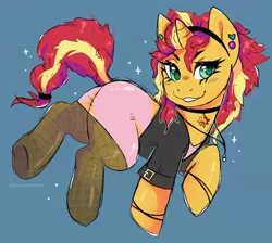 Size: 1024x919 | Tagged: safe, artist:belovedfoxx, artist:skyeskyekitty, derpibooru import, sunset shimmer, pony, unicorn, alternate hairstyle, blue background, bracelet, choker, clothes, colored pupils, cute, ear piercing, female, hairband, jewelry, mare, necklace, piercing, shimmerbetes, simple background, smiling, socks, solo, tights