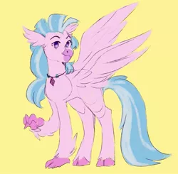 Size: 953x934 | Tagged: artist:taikochann, classical hippogriff, cute, derpibooru import, diastreamies, female, hippogriff, jewelry, looking at you, necklace, no pupils, raised leg, safe, silverstream, simple background, smiling, solo, spread wings, talons, wings, yellow background