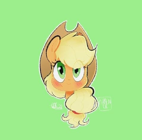 Size: 480x471 | Tagged: safe, artist:latiatonta, derpibooru import, applejack, pony, blushing, bust, cowboy hat, cute, eye clipping through hair, female, green background, hat, jackabetes, mare, portrait, simple background, solo