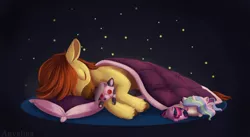 Size: 3000x1649 | Tagged: artist:anvalina, blanket, derpibooru import, hazbin hotel, loona (helluva boss), oc, oc:calpain, pillow, plushie, princess celestia, safe, sleeping, stars, twilight sparkle, unofficial characters only