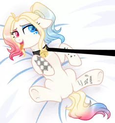 Size: 2682x2852 | Tagged: suggestive, artist:al-lat, derpibooru import, oc, oc:har-harley queen, unofficial characters only, pony, bed, bedroom eyes, blanket, collar, commission, eyeshadow, featureless crotch, female, femsub, heterochromia, leash, makeup, mare, multicolored hair, open mouth, show accurate, show accurate porn, solo, solo female, submissive, tattoo, tongue out, underhoof, ych result