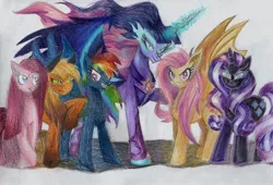 Size: 900x612 | Tagged: safe, artist:moonrises, derpibooru import, fluttershy, mean applejack, mean fluttershy, mean pinkie pie, mean rainbow dash, mean rarity, mean twilight sparkle, nightmare rarity, pinkie pie, rainbow dash, twilight sparkle, twilight sparkle (alicorn), alicorn, bat pony, earth pony, pegasus, pony, unicorn, equestria girls, secrets and pies, the mean 6, bat ponified, clone, evil, evil grin, evil pie hater dash, eviljack, flutterbat, grin, looking at you, mean six, midnight sparkle, pinkamena diane pie, race swap, simple background, smiling, smiling at you, traditional art, white background
