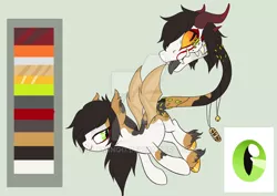 Size: 800x567 | Tagged: safe, artist:glitterring, derpibooru import, oc, unofficial characters only, cow plant pony, monster pony, original species, plant pony, augmented tail, bat wings, deviantart watermark, fangs, female, hoof fluff, hoof polish, horn, obtrusive watermark, plant, reference sheet, simple background, slit eyes, tongue out, watermark, wings