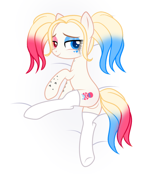 Size: 1388x1571 | Tagged: suggestive, artist:_moonstar_, derpibooru import, oc, oc:har-harley queen, unofficial characters only, earth pony, pony, bed, bedroom eyes, blanket, clothes, commission, eyeshadow, featureless crotch, female, femsub, heterochromia, looking at you, makeup, mare, multicolored hair, running makeup, show accurate, socks, solo, solo female, stockings, submissive, tattoo, thigh highs, ych result