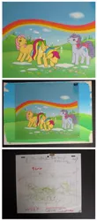 Size: 236x538 | Tagged: safe, derpibooru import, posey, skydancer, sparkler (g1), earth pony, pegasus, pony, unicorn, escape from catrina, animation cel, cloud, day, g1, grass, rainbow, shaking, sky, snow