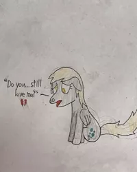 Size: 468x585 | Tagged: safe, artist:whistle blossom, deleted from derpibooru, derpibooru import, derpy hooves, pegasus, pony, cute, derpabetes, dialogue, female, heartbreak, mare, open mouth, sad, sadorable, simple background, sitting, solo, talking to viewer, traditional art, whistle blossom is trying to murder us, white background