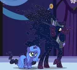 Size: 1713x1550 | Tagged: safe, artist:whiteplumage白羽, derpibooru import, princess luna, oc, oc:cosmos, oc:king cosmos, alicorn, pony, base used, duo, female, filly, hoof shoes, jewelry, s1 luna, tiara, woona, younger