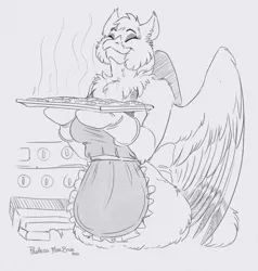 Size: 1943x2044 | Tagged: suggestive, artist:phathusa, derpibooru import, oc, oc:evelyn, unofficial characters only, anthro, gryphon, apron, baking, breasts, clothes, cookie, food, naked apron, oven mitts, steam, wings