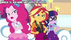 Size: 889x500 | Tagged: suggestive, derpibooru import, edit, edited screencap, screencap, pinkie pie, sci-twi, sunset shimmer, twilight sparkle, equestria girls, equestria girls series, rollercoaster of friendship, angry, appie pie, apple, bow, caption, clothes, dress, facing the enemy, food, from dusk till dawn, glasses, hands on hip, image macro, meme, text, theme park, wrong name