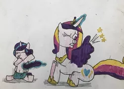 Size: 583x417 | Tagged: safe, artist:whistle blossom, deleted from derpibooru, derpibooru import, princess cadance, princess flurry heart, alicorn, pony, baby, baby pony, clothes, crown, cute, dab, diaper, duo, duo female, female, filly, flurrybetes, foal, giggling, jewelry, magic, magic aura, mare, necklace, one eye closed, ouch, regalia, shoes, simple background, sitting, stars, tickling, traditional art, whistle blossom is trying to murder us, white background