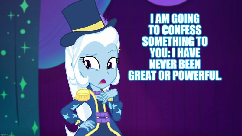 Size: 1920x1080 | Tagged: safe, derpibooru import, edit, edited screencap, screencap, trixie, equestria girls, spring breakdown, blatant lies, captain obvious, caption, confession, image macro, magician outfit, meme, text, trixie yells at everything