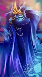 Size: 1024x1886 | Tagged: abstract background, artist:purediamond360, blue changeling, blue eyes, bust, changeling, changeling oc, changeling queen, changeling queen oc, crown, derpibooru import, ear piercing, earring, fangs, female, glowing eyes, jewelry, looking at you, necklace, oc, oc:queen lahmia, piercing, portrait, regalia, safe, signature, solo, unofficial characters only