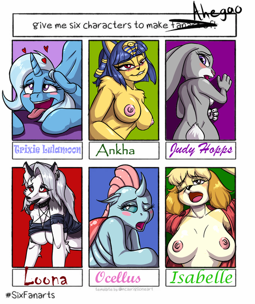 Size: 1070x1277 | Tagged: questionable, artist:brushstroke, derpibooru import, ocellus, trixie, changedling, changeling, dog, rabbit, unicorn, six fanarts, ahegao, animal, animal crossing, ankha, armpits, big breasts, blushing, breasts, clothes, eyes rolling back, helluva boss, implied sex, isabelle, judy hopps, loona (helluva boss), nipples, nudity, open mouth, sex face meme, tongue out, zootopia