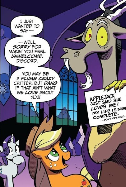 Size: 457x677 | Tagged: safe, artist:andypriceart, derpibooru import, idw, applejack, discord, rarity, draconequus, earth pony, unicorn, chaos theory (arc), spoiler:comic, spoiler:comic50, apology, conclusion: and chaos into the order came, cropped, female, fourth wall break, friendship, male, mare, official comic