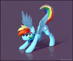 Size: 1587x1338 | Tagged: safe, artist:ramiras, artist:shuxer59, derpibooru import, rainbow dash, pegasus, pony, behaving like a cat, butt fluff, cute, dashabetes, ear fluff, female, image, iwtcird, mare, meme, particles, png, raised tail, reflection, shoulder fluff, simple background, solo, spread wings, stretching, tail, wings
