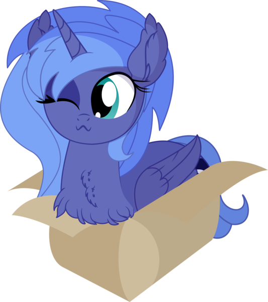 Size: 6248x7029 | Tagged: safe, artist:cyanlightning, derpibooru import, princess luna, alicorn, pony, .svg available, :3, absurd resolution, behaving like a cat, box, chest fluff, cute, ear fluff, female, if i fits i sits, lunabetes, mare, missing accessory, pony in a box, s1 luna, simple background, solo, transparent background, vector