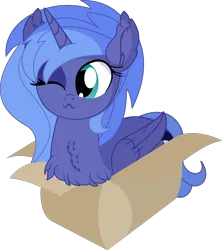 Size: 6248x7029 | Tagged: safe, artist:cyanlightning, derpibooru import, princess luna, alicorn, pony, .svg available, :3, absurd resolution, behaving like a cat, box, chest fluff, cute, ear fluff, female, if i fits i sits, lunabetes, mare, missing accessory, pony in a box, s1 luna, simple background, solo, transparent background, vector