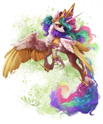 Size: 2033x2455 | Tagged: safe, artist:maggephah, artist:rossignolet, derpibooru import, princess celestia, alicorn, pony, cheek fluff, chest fluff, colored wings, colored wingtips, crown, ear fluff, female, fluffy, flying, high res, hoof shoes, jewelry, leg fluff, mare, neck fluff, regalia, solo, two toned wings, unshorn fetlocks, wing fluff, wings