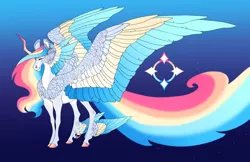 Size: 5100x3300 | Tagged: safe, artist:turnipberry, deleted from derpibooru, derpibooru import, oc, oc:prismatic halo, unofficial characters only, alicorn, pony, blue background, cheek feathers, colored hooves, crooked horn, cutie mark, dewclaw, ethereal mane, eyes closed, female, horn, magical lesbian spawn, mare, multicolored hair, offspring, parent:princess celestia, parent:rainbow dash, parents:dashlestia, rainbow hair, simple background, solo, winged hooves