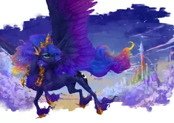 Size: 2576x1817 | Tagged: safe, artist:maggephah, derpibooru import, princess luna, alicorn, pony, castle, cheek fluff, chest fluff, crown, ear fluff, ethereal mane, female, fluffy, flying, hoof shoes, jewelry, leg fluff, mare, night, regalia, sky, solo, spread wings, starry mane, stars, wings