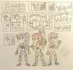 Size: 2835x2718 | Tagged: safe, artist:13mcjunkinm, derpibooru import, apple bloom, scootaloo, sweetie belle, human, equestria girls, 2020, 2020s, alternate hairstyle, badass, bandage, bow, boxing shorts, boxing trunks, clothes, comic, compression shorts, confident, cutie mark crusaders, exeron fighters, exeron gloves, fashion montage, female, fingerless gloves, fist, frilled socks, frilly socks, gloves, martial arts kids outfits, orange eyes, orange skin, peace sign, ponytail, purple eyes, purple hair, red hair, shoes, short hair, shorts, smiling, smirk, sneakers, socks, spaghetti strap, sports bra, sports shorts, traditional art, white skin, yellow skin