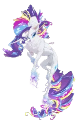 Size: 902x1425 | Tagged: safe, artist:maggephah, derpibooru import, rarity, classical unicorn, pony, unicorn, body fluff, cloven hooves, colored hooves, curved horn, horn, leonine tail, lidded eyes, multicolored hair, rainbow power, signature, simple background, smiling, solo, transparent background, unshorn fetlocks