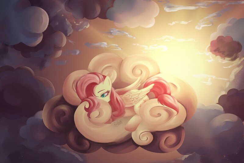 Size: 1280x853 | Tagged: safe, artist:renora, derpibooru import, fluttershy, pegasus, pony, cloud, cute, female, mare, on a cloud, prone, shyabetes, signature, sky, solo, sun, sunset