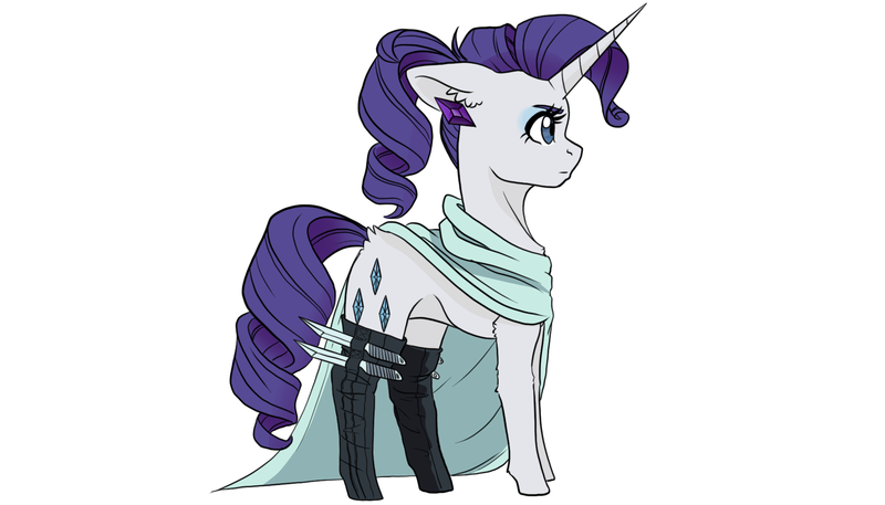 Size: 2920x1668 | Tagged: safe, artist:tillie-tmb, derpibooru import, rarity, pony, unicorn, boots, cape, clothes, ear piercing, earring, female, jewelry, knife, mare, piercing, profile, shoes, simple background, socks, solo, white background