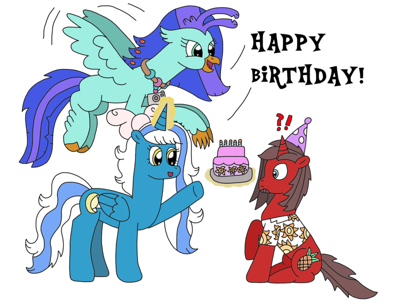 Size: 3164x2431 | Tagged: safe, artist:supahdonarudo, derpibooru import, oc, oc:fleurbelle, oc:ironyoshi, oc:sea lilly, unofficial characters only, alicorn, classical hippogriff, hippogriff, unicorn, birthday, birthday cake, bow, cake, camera, food, jewelry, necklace, simple background, surprised, transparent background