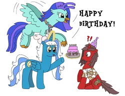 Size: 3164x2431 | Tagged: safe, artist:supahdonarudo, derpibooru import, oc, oc:fleurbelle, oc:ironyoshi, oc:sea lilly, unofficial characters only, alicorn, classical hippogriff, hippogriff, unicorn, birthday, birthday cake, bow, cake, camera, food, jewelry, necklace, simple background, surprised, transparent background