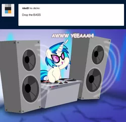 Size: 4622x4450 | Tagged: safe, artist:agkandphotomaker2000, derpibooru import, vinyl scratch, pony, unicorn, tumblr:pony video maker's blog, ask, bass drop, cracks, dj booth, dj glasses, female, mare, solo, speakers, tumblr, vinyl disc