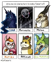 Size: 1104x1339 | Tagged: safe, artist:herakidpatrol, derpibooru import, atticus, princess luna, alicorn, anthro, dog, dragon, pony, six fanarts, anthro with ponies, beastars, bust, crossover, cuphead, ethereal mane, female, five nights at freddy's, grim matchstick, infinity train, jewelry, kuriza, male, mare, marionette, melon (beastars), smiling, starry mane, tiara