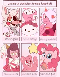 Size: 2048x2638 | Tagged: safe, artist:eggy-b-official, derpibooru import, pinkie pie, anthro, bear, cat, earth pony, pony, six fanarts, animatronic, anthro with ponies, baroness von bon bon, bow, bust, care bears, cherry quartz, clothes, cupcake, cuphead, female, five nights at freddy's, food, hair bow, hello kitty, love-a-lot bear, mangle, mare, my melody, sanrio, smiling, steven universe