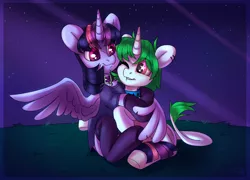 Size: 2592x1869 | Tagged: safe, artist:sugarstar, derpibooru import, twilight sparkle, twilight sparkle (alicorn), oc, oc:sugarstar, alicorn, pony, unicorn, descended twilight, canon x oc, chest fluff, clothes, collar, cuddling, cute, ear piercing, earring, fangs, female, horn, hug, jewelry, leonine tail, looking at each other, mare, night, night sky, one eye closed, piercing, rcf community, shirt, side hug, sitting, sky, smiling, socks, spread wings, starry eyes, thigh highs, wingding eyes, winghug, wings