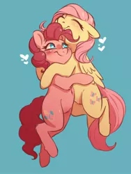 Size: 1500x2000 | Tagged: safe, artist:elijah, deleted from derpibooru, derpibooru import, fluttershy, pinkie pie, earth pony, pegasus, pony, blue background, female, flutterpie, heart, hug, lesbian, pubic fluff, shipping, simple background