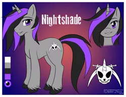 Size: 1280x989 | Tagged: safe, artist:sonicsweeti, derpibooru import, oc, oc:nightshade, unofficial characters only, pony, unicorn, commission, cutie mark, digital art, horn, looking at you, male, reference sheet, solo, stallion