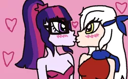 Size: 810x502 | Tagged: safe, artist:cutiekittehmeow, derpibooru import, sci-twi, twilight sparkle, human, equestria girls, blushing, couple, crossover, crossover shipping, female, fire emblem, heart, kissing, lesbian, micaiah, micaiahtwi, pink background, shipping, simple background